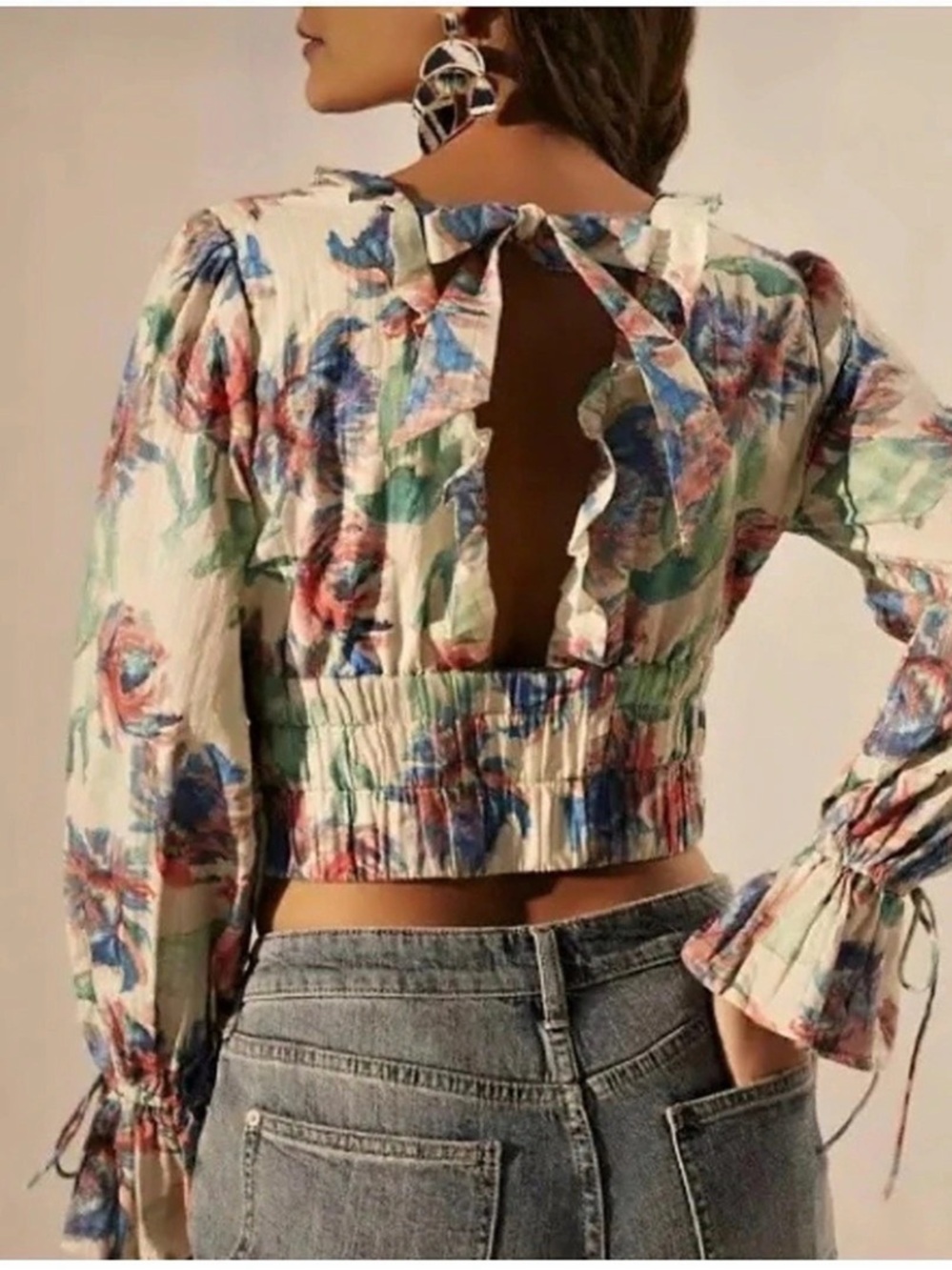 Anthropologie By Anthropologie Long Sleeve Ruffled Tie Front Top Floral Multicol - Picture 2 of 4